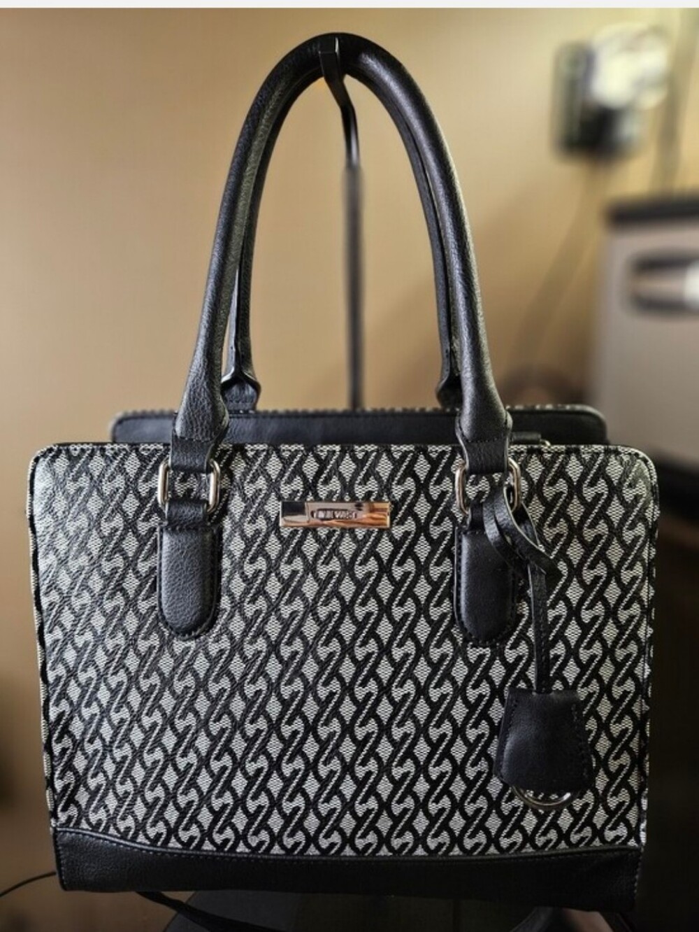 Nine West Black & White Patterned Triple Compartment Carryall Satchel
